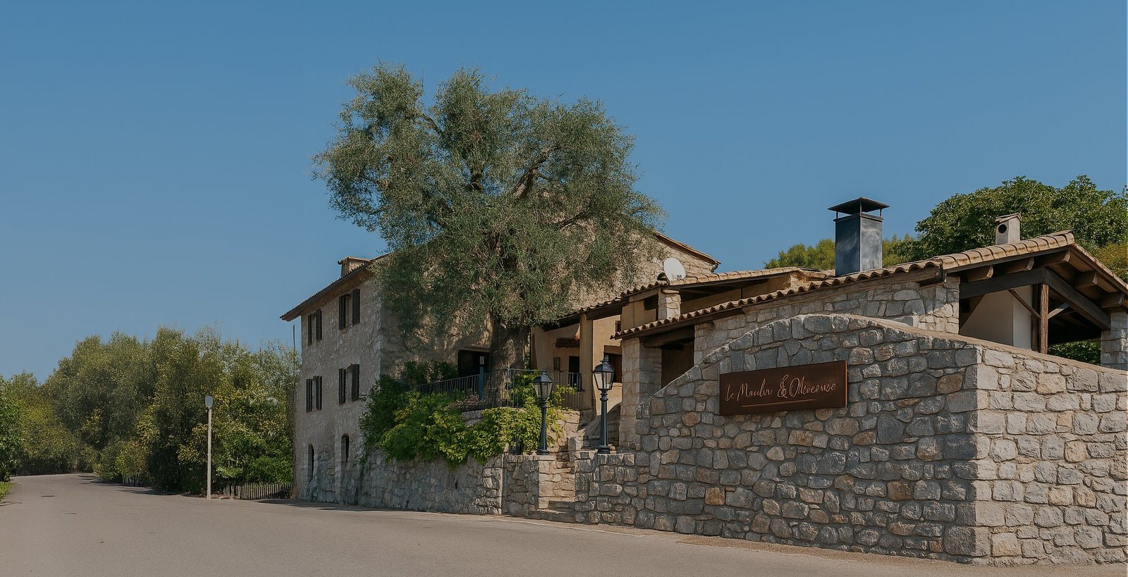Le mas en pierre du Moulin de l'Oliveraie et son olivier centenaire, au bord de la route